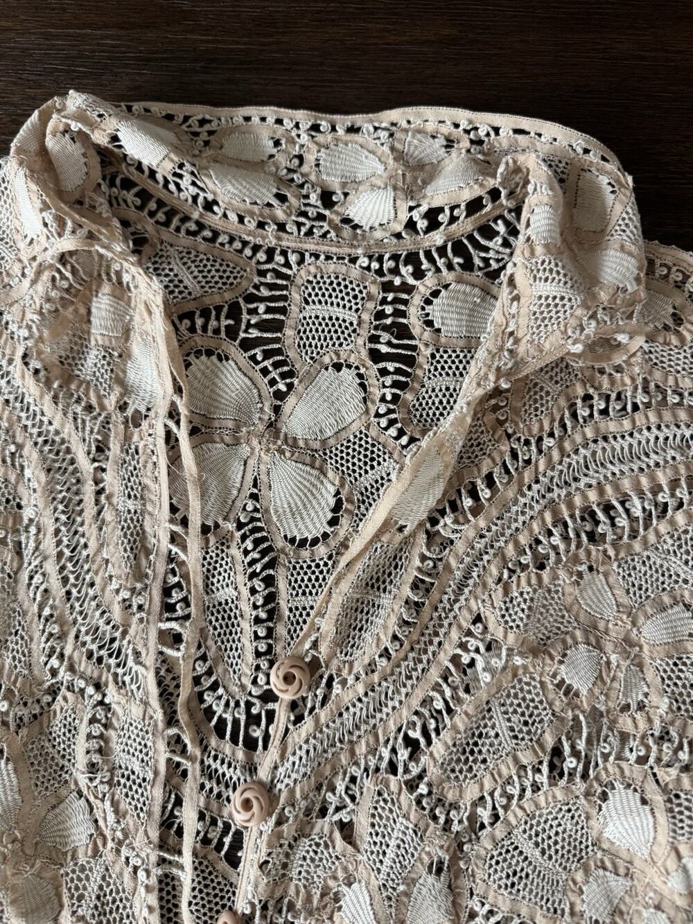 Antique Vintage Handmade Floral Tape Lace Blouse Top Ivory Ecru Openwork XS